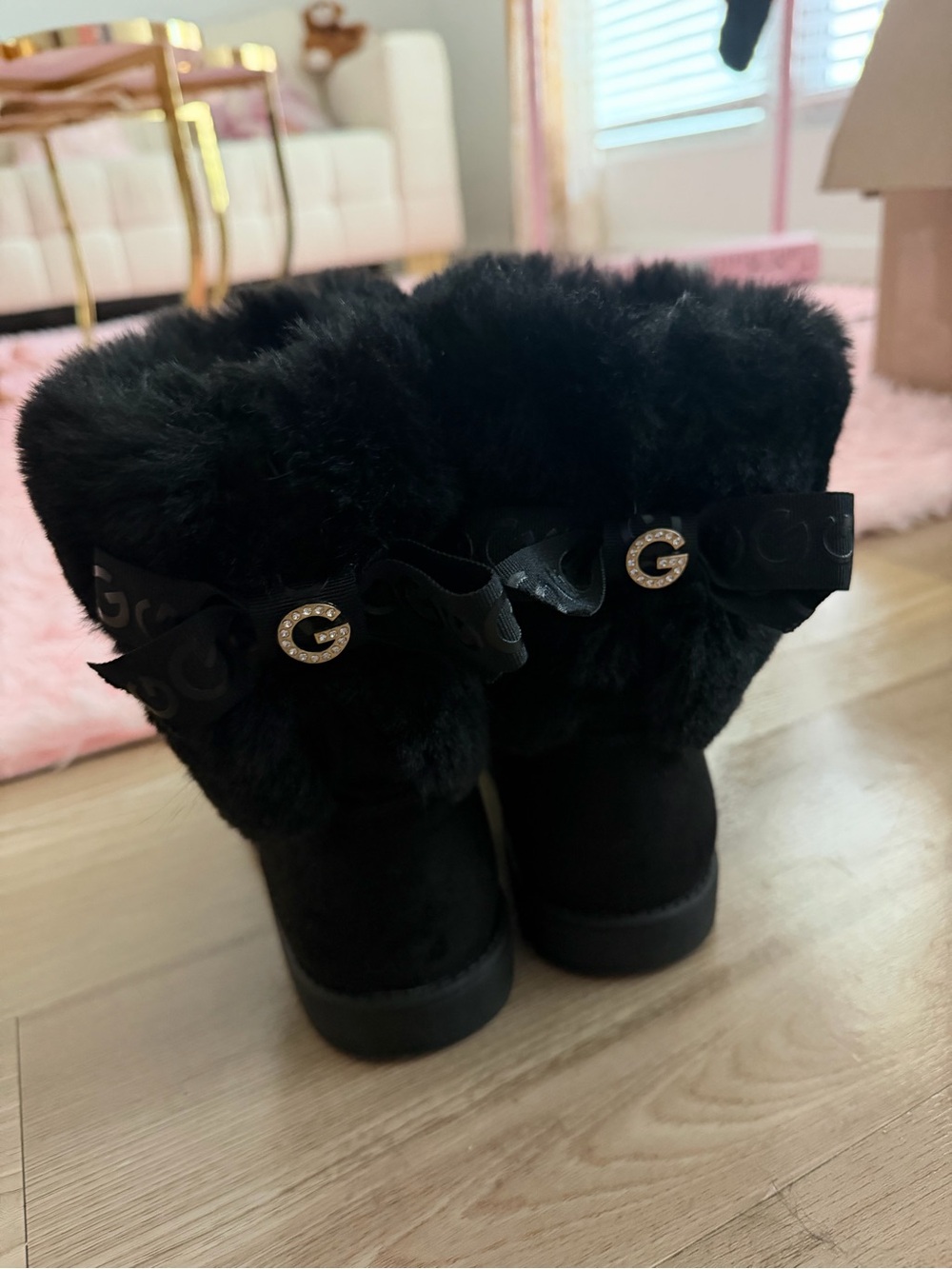 Guess Dowry Rhinestone Bow Cozy Winter Boot Black faux fur